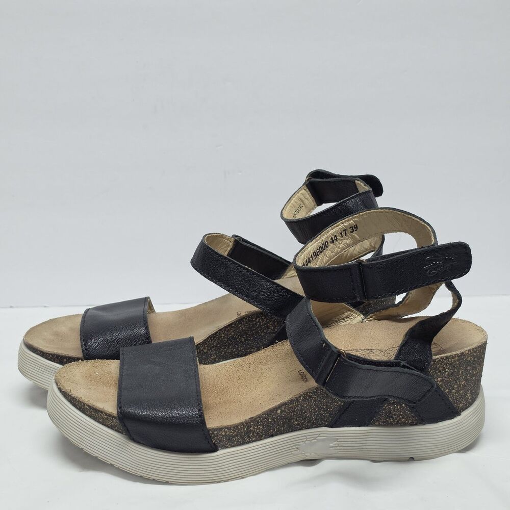 FLY LONDON Black Leather Wedge Ankle Strap Sandals Women's Size EU 39 US 8.5